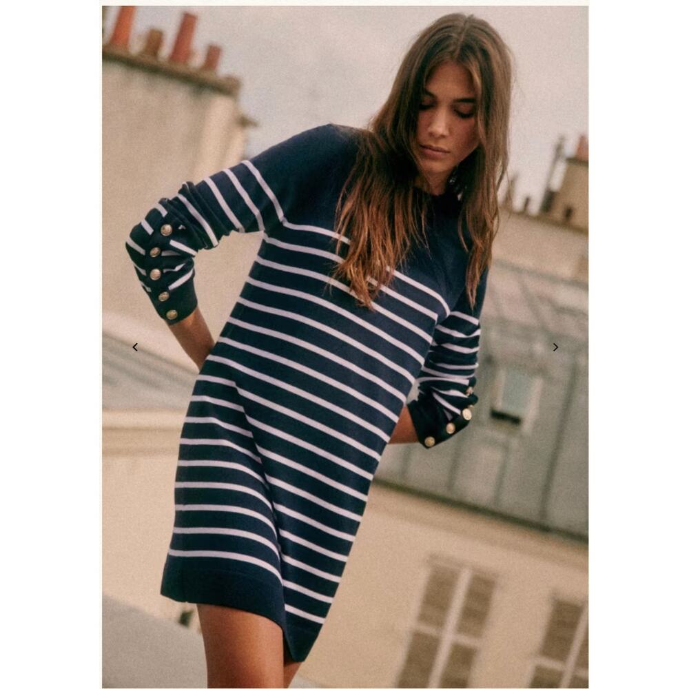 Sezane Paola Long Sleeve Sailor Dress La Maille Merino Wool Navy Ecru Size Small
